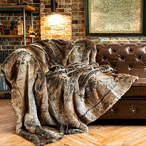 BATTILO HOME Large Brown Faux Fur Throw Blanket for Bed, Fall Fur Blanket and Throws, 60 x 80 Inches Super Soft Fuzzy Thick Warm Blankets for Couch, Reversible to Plush Velvet - color: Brown, size: 60"x80"