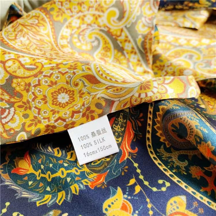 ANDANTINO 100% Silk Scarf for Women 59”*6.3” Long Shawls for Headscarf and Neck- Oblong Hair Wraps with Gift Packed - color: Gold&navy Paisley