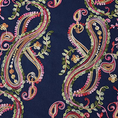 Embroidered Brushed Shawl Paisley Leaves Pattern Scarf Soft Ponchos Wrap Cape With Fringes - color: 014-navy