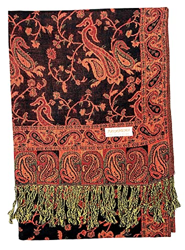 Plum Feathers Tapestry Ethnic Paisley Pattern Pashmina Shawl Scarf, Womens Pashmina Shawl Wrap with Fringes - color: Black Red Floral Paisley