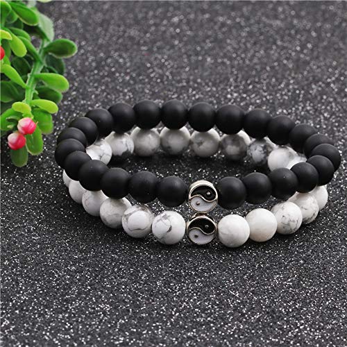 Fashion Men Women Taiji Yin Yang Feng Shui Charm Bracelet Natural White Turquoise and Black Beaded Couple Bracelets Friendship Distance Bracelet Jewelry - color: Couple