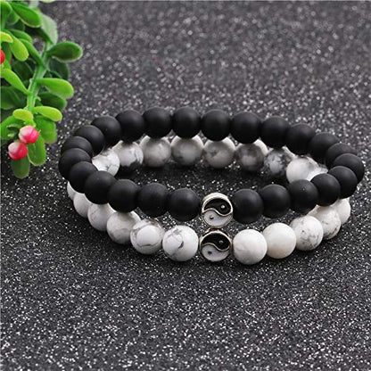 Fashion Men Women Taiji Yin Yang Feng Shui Charm Bracelet Natural White Turquoise and Black Beaded Couple Bracelets Friendship Distance Bracelet Jewelry - color: White