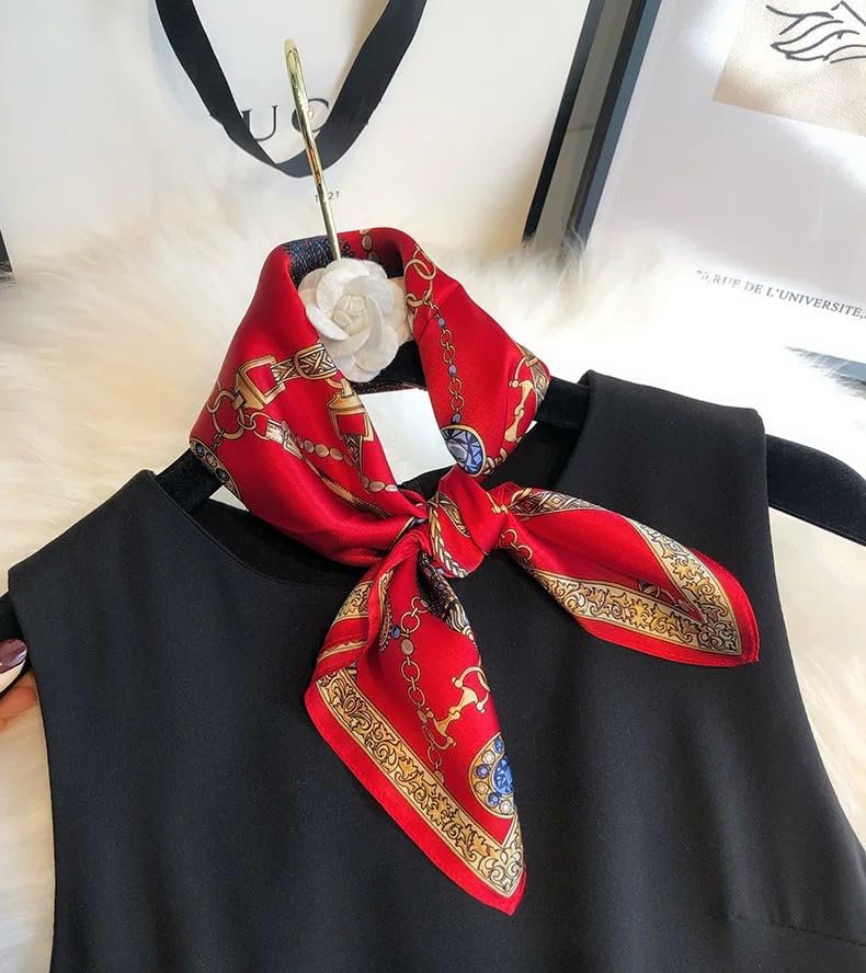 ANDANTINO 100% Mulberry Silk Scarf -21” Lightweight Square Neckerchief – Breathable Digital Printed Scarves with Gift Packed - color: Chains-gold&red