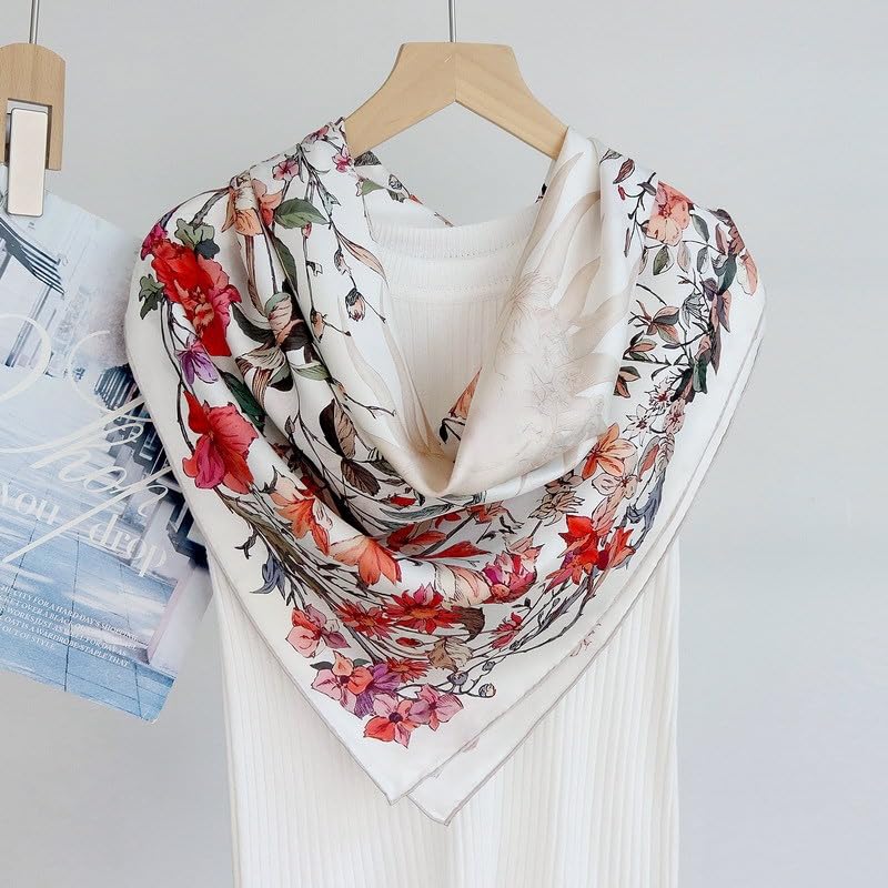 100% Pure Mulberry Silk Scarf 35" Large Square Lightweight Headscarf –Women’s Hair Wraps-With Gift Packed - color: Floral-white-twill
