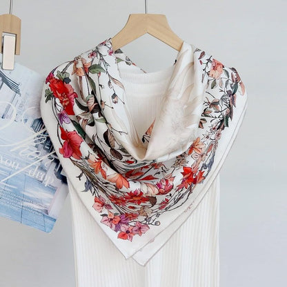 100% Pure Mulberry Silk Scarf 35" Large Square Lightweight Headscarf –Women’s Hair Wraps-With Gift Packed - color: Floral-white-twill