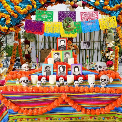 23 Pcs Day of The Dead Altar Decorations Set, Marigold Garland Mexican Banner Table Runner Paper LED Light Supplies Dia De Los Muertos Ofrendas Altar Decorations