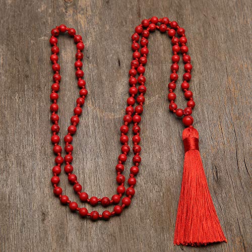 6MM Mala Beads Necklace Natural Amazonite Stone Meditation Statement Necklace Japa Yoga Rosary Prayer Charm Beaded Tassel Necklace - style: Natural Red Turquoise