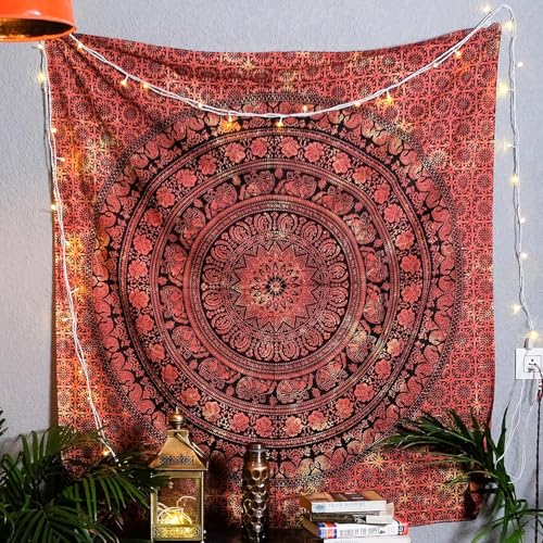 Craft Trade Indian Cotton Mandala Wall Hanging Tapestry for Aesthetic Boho Hippie Living Room, Meditation & Bedroom Décor - Orange - 30x40 Inches - color: Orange, size: 30"L x 40"W