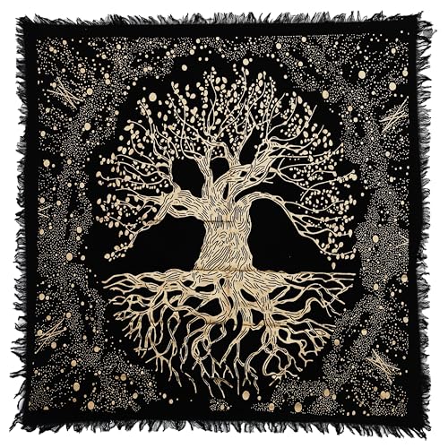 Indian Consigners Tree of Life Altar Cloth Tapestry Tablecloth Celtic Trees Ritual Spiritual Cloth for Sacred Places, Cotton Square Tarot Table Cover 24 by 24 Sacred - color: Golden Trunk Tree, size: 24" x 24" (Square)