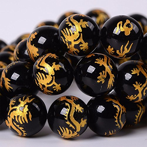 Justinstones Gem Semi Precious Gemstone 8mm Round Beads Stretch Bracelet 7 Inch Unisex - color: Gold Dragon Black Agate