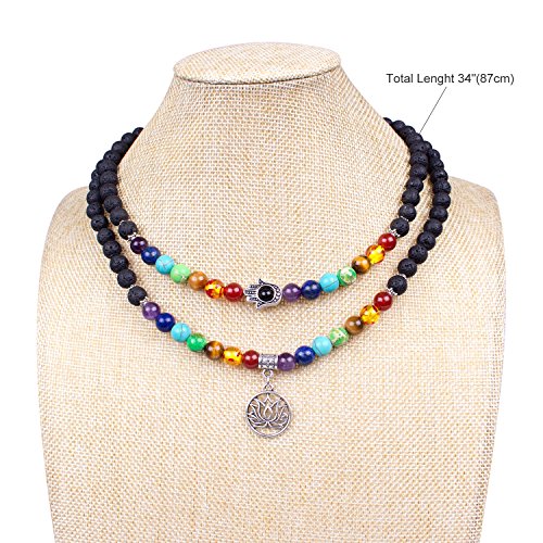 108 Mala Beads Necklace 7 Chakra Tree of Life Pendant Prayer Buddha Bracelets Healing Stone Yoga Men Women Jewelry - color: Natural lava beads