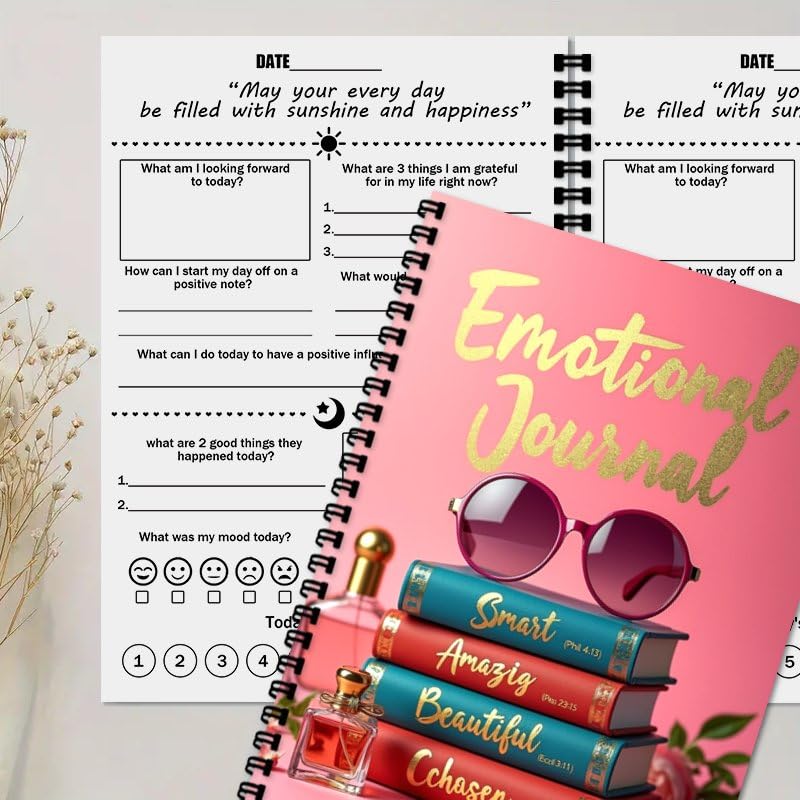 100 Pages A5 Guided Emotions Journal, Self Care Journal, Mental Health Mood Tracker with Prompts Anxiety & Wellness Diary for Women (Book Pattern) - color: Pink-B