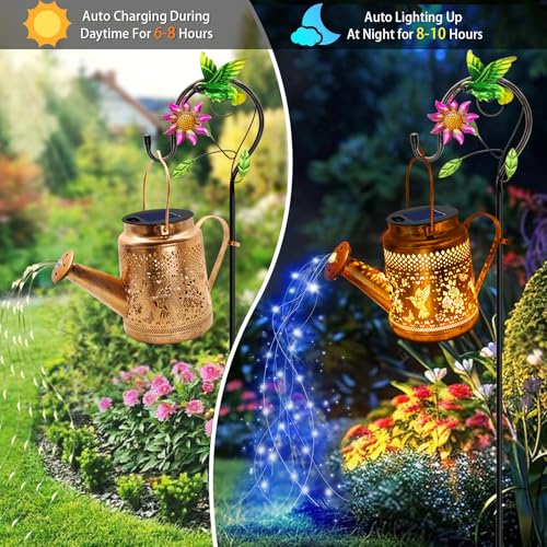 Solar Lights Outdoor Garden Decor, Hummingbird Hanging Watering Can Landscape Lights Waterproof Outside Decorations for Yard Front Porch Patio Backyard, Gardening Gift for Mom Grandma Women Birthday - style: Hummingbird with Butterfly