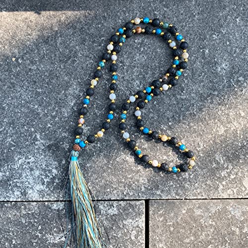 YGLINE Chakra 108 Mala Beads Bracelet Real Healing Gemstone Yoga Meditation Hand Knotted Mala Prayer Bead Necklace - color: Lava Stone