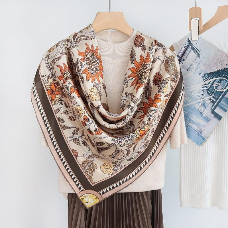 ANDANTINO 100% Silk Scarf 43" Large Square Lightweight Headscarf& Shawl–Women Hair Wraps-With Gift Packed - color: Floral-light Brown