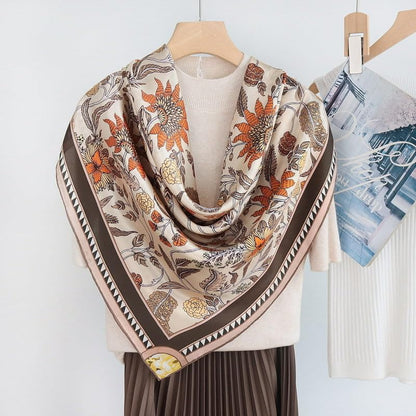 ANDANTINO 100% Silk Scarf 43" Large Square Lightweight Headscarf& Shawl–Women Hair Wraps-With Gift Packed - color: Floral-light Brown