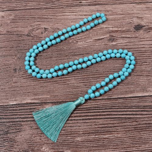 8MM Beads Chakra Long Mala Necklace Natural Stone Meditation Statement Necklace Japa Yoga Buddhist Rosary Prayer Charm Beaded Tassel Necklace - color: Turquoise