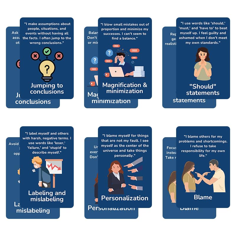 Cognitive Distortion Flashcards, 50 Cards for Mental Health and Thought Pattern Recognition, Blue