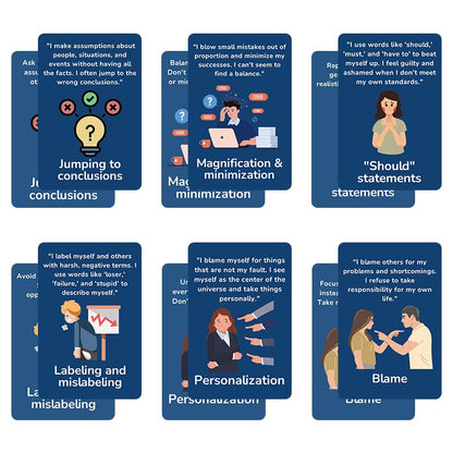 Cognitive Distortion Flashcards, 50 Cards for Mental Health and Thought Pattern Recognition, Blue