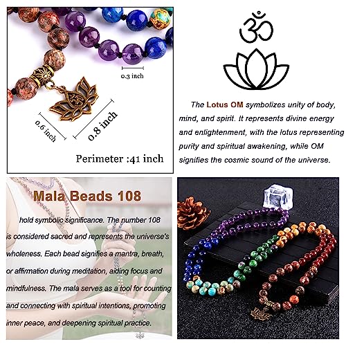 Bivei 7 Chakra 108 Mala Beads Bracelet Real Gemstone Yoga Meditation Hand Knotted Mala Prayer Bead Necklace - size: 8mm, style: # Lotus OM - 7 Chakras