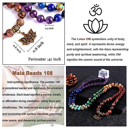 Bivei 7 Chakra 108 Mala Beads Bracelet Real Gemstone Yoga Meditation Hand Knotted Mala Prayer Bead Necklace - size: 8mm, style: # Lotus OM - 7 Chakras