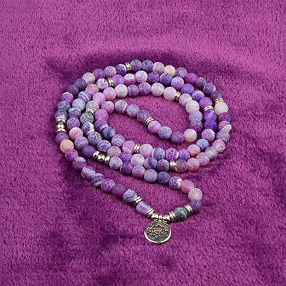 8mm 108 Mala Beads Wrap Bracelet Necklace for Yoga Charm Bracelet Natural Gemstone Jewelry for Women Men - color: Purple Weathered Stone