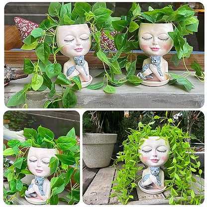 Face Plant Pots Head Planters - Face Flower Pot Head Planter with Cat, Succulent Pots with Drainage Hole, Resin Lady Planter for Indoor Outdoor, Home Decor, Mother's Day/Women Gifts - size: Medium, style: Girl Hugs Cat