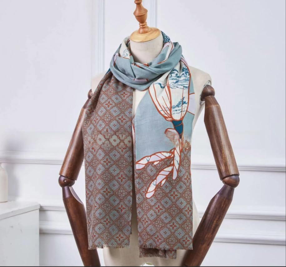 Cashmere-soft Mercerized wool Shawl Pashmina Lightweight Travel Wrap & Evening Scarf |Office |Wedding - color: Flower Shadow Blue