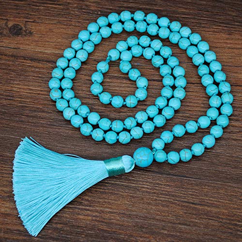 JAYUMO 8mm Mala Beads Necklace Natural Stone Meditation Statement Necklace Hand Knotted Japa Yoga Rosary Prayer Beaded Tassel Necklace - color: turquoise