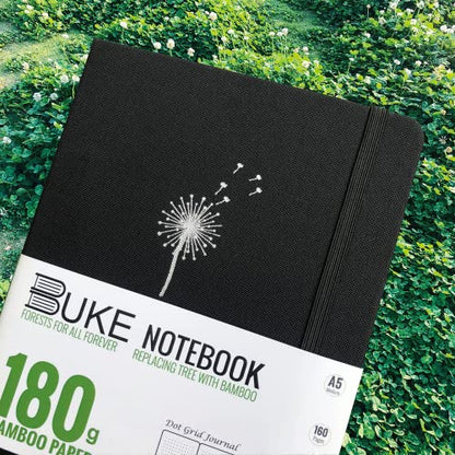 BUKE Dot Grid Notebook Dotted Journal,180Gsm Bamboo White Paper, 5 * 5MM Dots 160 Pages, Lay Flat Binding,Colored Silver Edges, Bookmarks and Expandable Back Pocket Dandelion