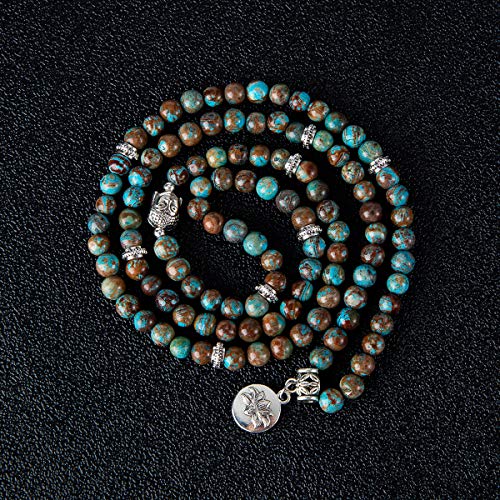 Bivei 108 Mala Beads Necklace Long Beaded Wrap Bracelets Genuine Gemstone Mala Prayer Beads Lotus Buddha Charm Yoga Meditation Necklace - color: Blue Lace Agate-Lotus OM-Buddha