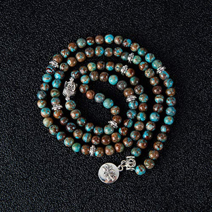 Bivei 108 Mala Beads Necklace Long Beaded Wrap Bracelets Genuine Gemstone Mala Prayer Beads Lotus Buddha Charm Yoga Meditation Necklace - color: Blue Lace Agate-Lotus OM-Buddha