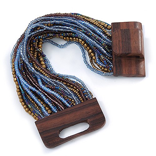 Avalaya Bronze/Light Blue/Purple/Peacock Glass Bead Multistrand Flex Bracelet With Wooden Closure - 19cm L