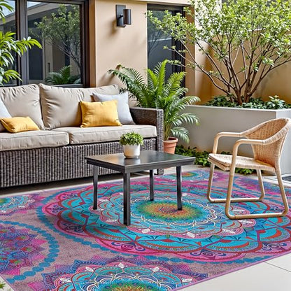 Meditation Indoor Outdoor Rug 4x6 ft Mandala Pattern Rug Boho Style,Yoga Meditation Mat Picnic Rug for Patio Living Room Porch Garden Deck Backyard Easy to Clean Non Shedding Non-Slip
