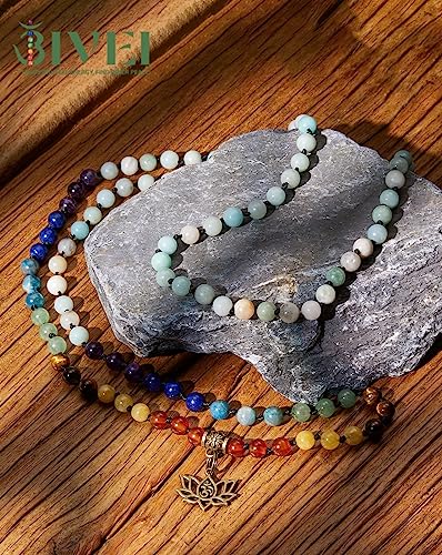 Bivei 7 Chakra 108 Mala Beads Bracelet Real Gemstone Yoga Meditation Hand Knotted Mala Prayer Bead Necklace - size: 6mm, style: Lotus OM - Amazonite