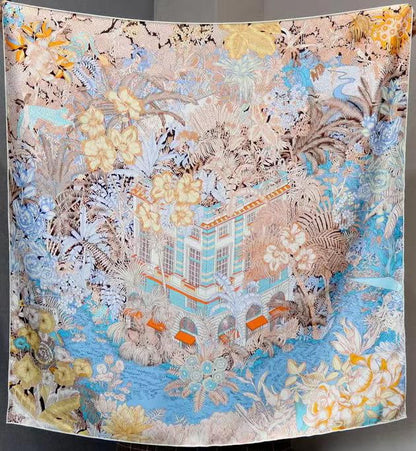 100% Pure Mulberry Silk Scarf 35" Large Square Lightweight Headscarf –Women’s Hair Wraps-With Gift Packed - color: Brown&blue-twill