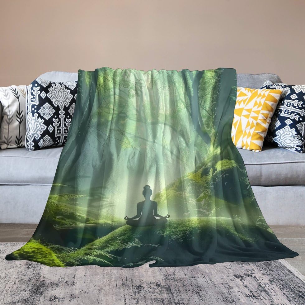 Woman Meditation Jungle Green Ultra Soft Flannel Fleece Bed Blankets Lightweight Cozy Throw Blanket Room Decor for Couch Chair Bedroom Adults Bedding Cozy Blanket Outdoor Travel Blankets 50"x6 - size: 60L" x 50W"