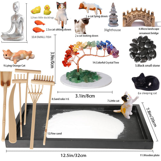Dreamgirnh Zen Garden for Desk, with Crystals and Healing Stones & Cat Figurines, Miniature Meditation Sand Garden Stress Relief Desk Decor, Tools for Relaxation and Mindfulness