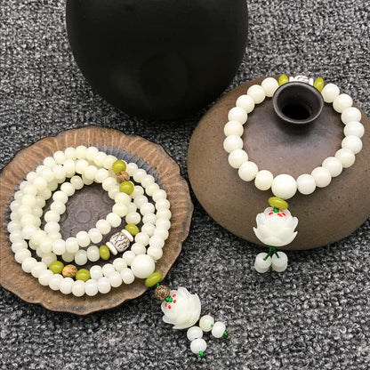 Caiyao White Jade Natural Bodhi Root Lotus bracelet 108 Mala Prayer Mantra Rosary Beads Meditation Lotus Hand String Bracelets Yoga Relieve Stress Anxiety Jewelry for Women Men - style: Long Layers