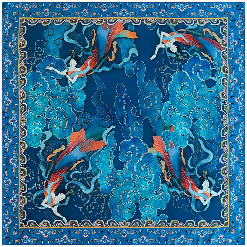 ANDANTINO 100% Silk Scarf 43" Large Square Lightweight Headscarf& Shawl–Women Hair Wraps-With Gift Packed - color: Brown&blue
