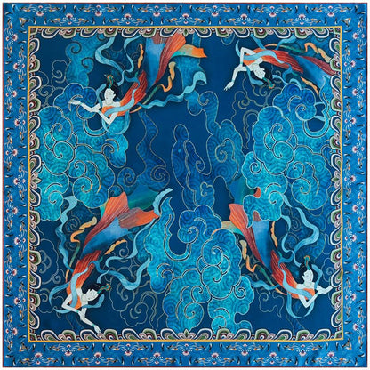 ANDANTINO 100% Silk Scarf 43" Large Square Lightweight Headscarf& Shawl–Women Hair Wraps-With Gift Packed - color: Brown&blue
