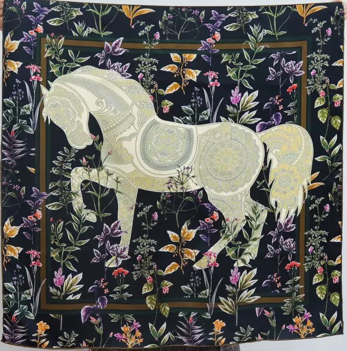 100% Pure Mulberry Silk Scarf 35" Large Square Lightweight Headscarf –Women’s Hair Wraps-With Gift Packed - color: Black Horse-twill