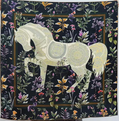 100% Pure Mulberry Silk Scarf 35" Large Square Lightweight Headscarf –Women’s Hair Wraps-With Gift Packed - color: Black Horse-twill
