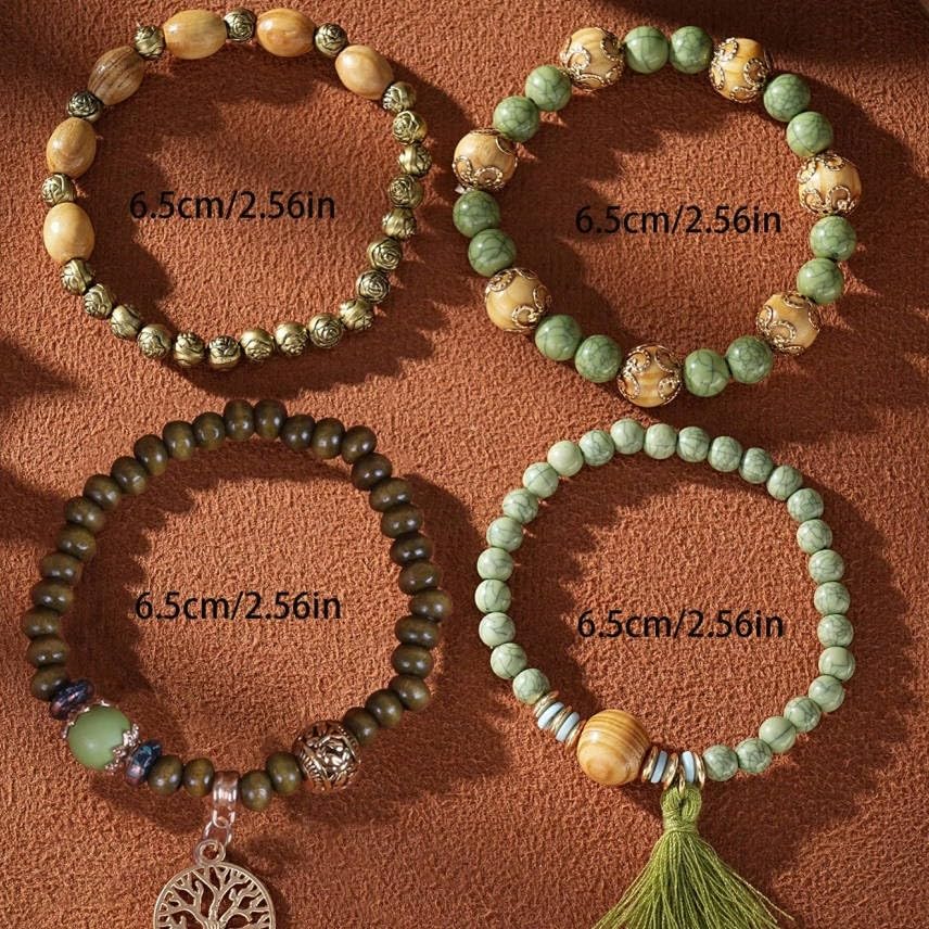 Bohemian Layered Wood Bead Bracelet Set, Elastic Stackable Bracelets with Tree of Life Charm & Tassel - color: Green