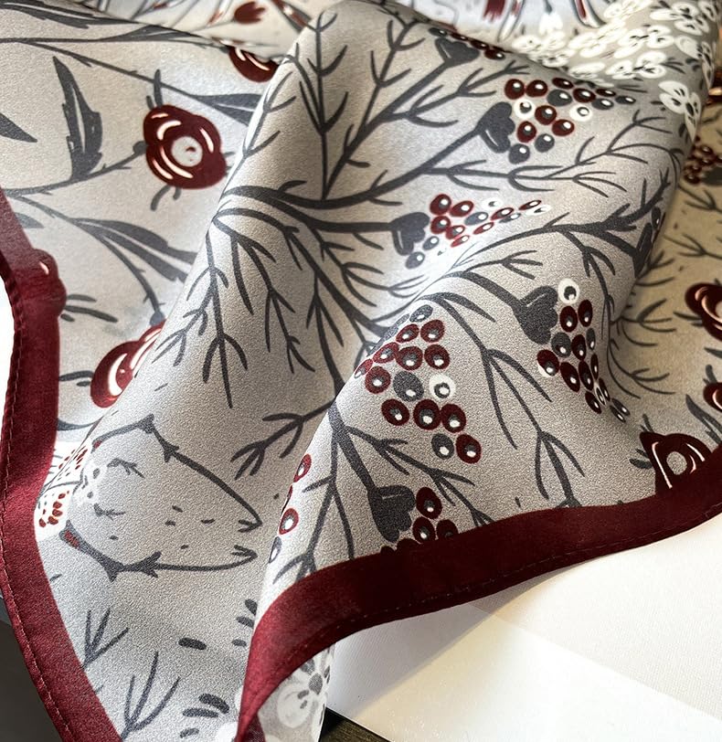 100% Mulberry Silk Neck Scarf - 21'' x 21'' Lightweight Neckerchief - Women Men Small Square Digital Printed Scarves - color: Grey Flower