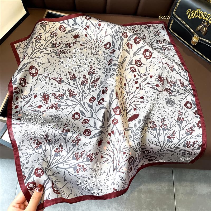 100% Mulberry Silk Neck Scarf - 21'' x 21'' Lightweight Neckerchief - Women Men Small Square Digital Printed Scarves - color: Grey Flower