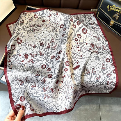 100% Mulberry Silk Neck Scarf - 21'' x 21'' Lightweight Neckerchief - Women Men Small Square Digital Printed Scarves - color: Grey Flower
