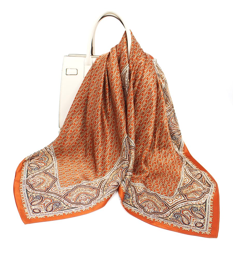 ANDANTINO 100% Pure Mulberry Silk Scarf 35" Large Square Lightweight Headscarf –Women’s Hair Wraps-With Gift Packed - color: Chains-caramel