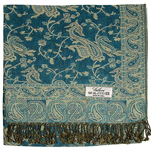 Falari Women's Reversible Paisley Pashmina Shawl Wrap Scarf For Evening Dresses Festivals Any Occasions All Seasons 80"x27" - color: Style 1 - Teal