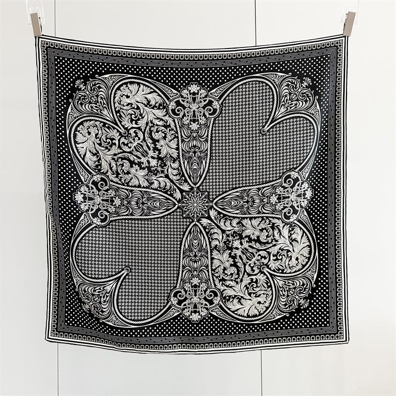 ANDANTINO 100% Pure Mulberry Silk Scarf 35" Large Square Lightweight Headscarf –Women’s Hair Wraps-With Gift Packed - color: Black & Creamy White